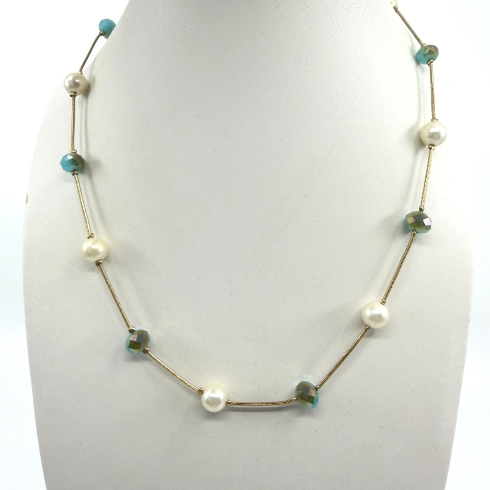 Delicate Pearl Teal Crystal Beaded Necklace Minimalist Layering Statement Piece